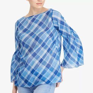 Lauren Ralph Lauren 100% Cotton Bell Sleeved Light Blue Plaid Blouse Size M